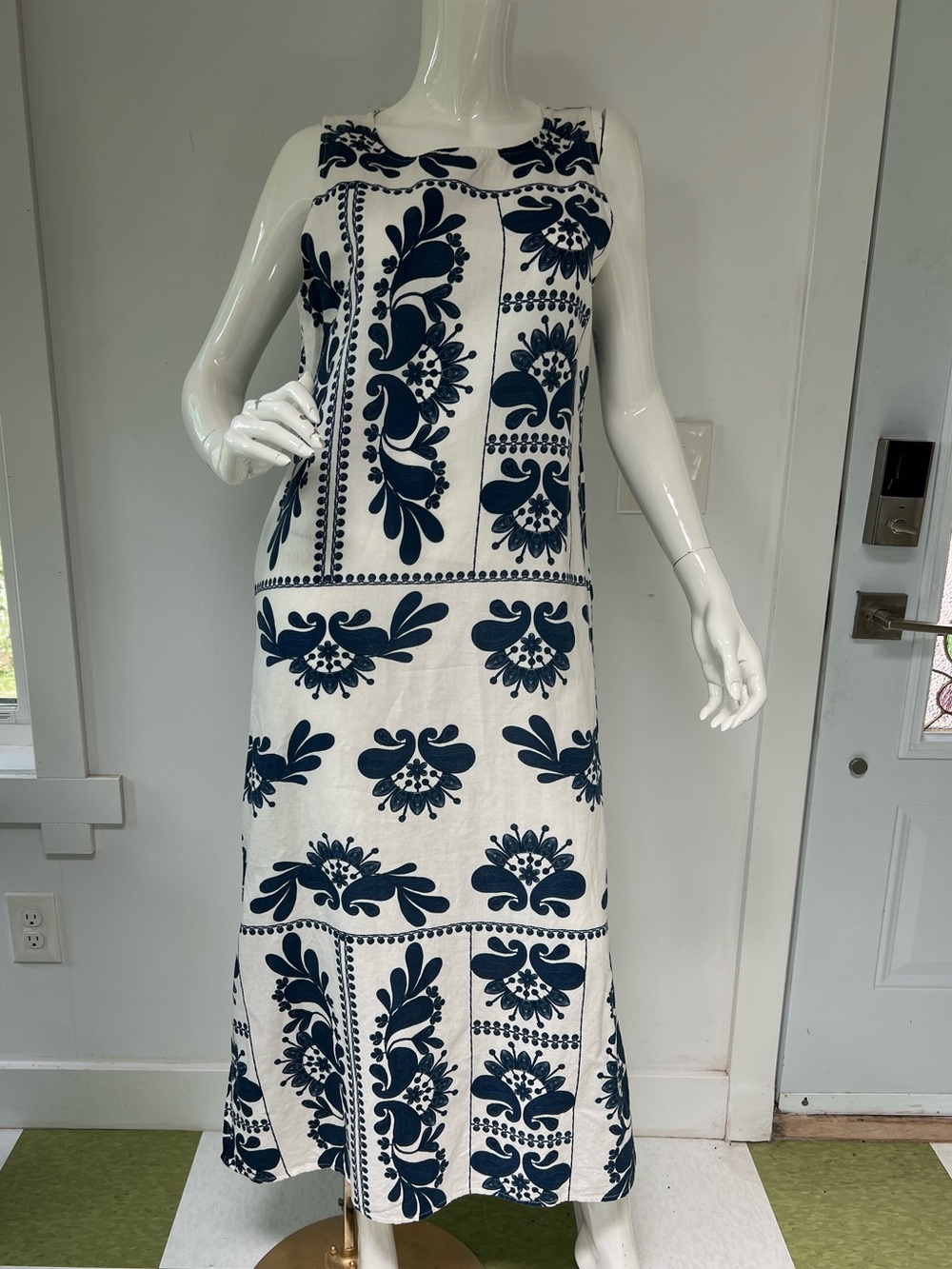 Sleeveless linen Cotton Blend Maxi Dress Boho Print Made In Italy size large